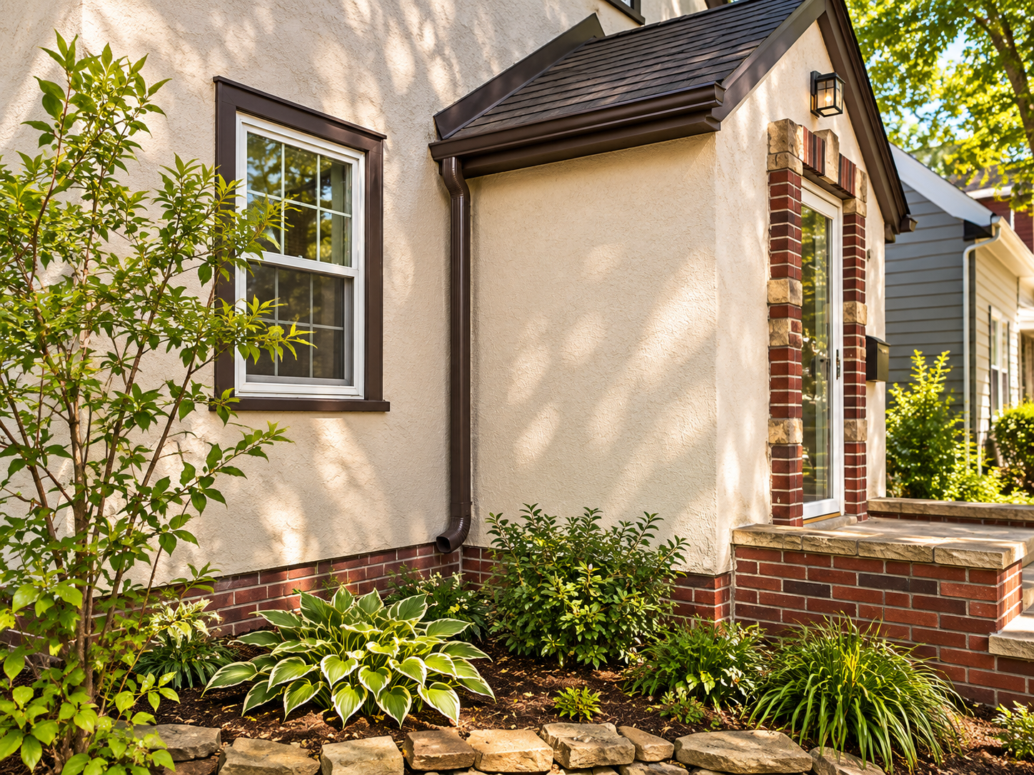 Beautiful sunlit cabin exterior after new seamless gutter installation