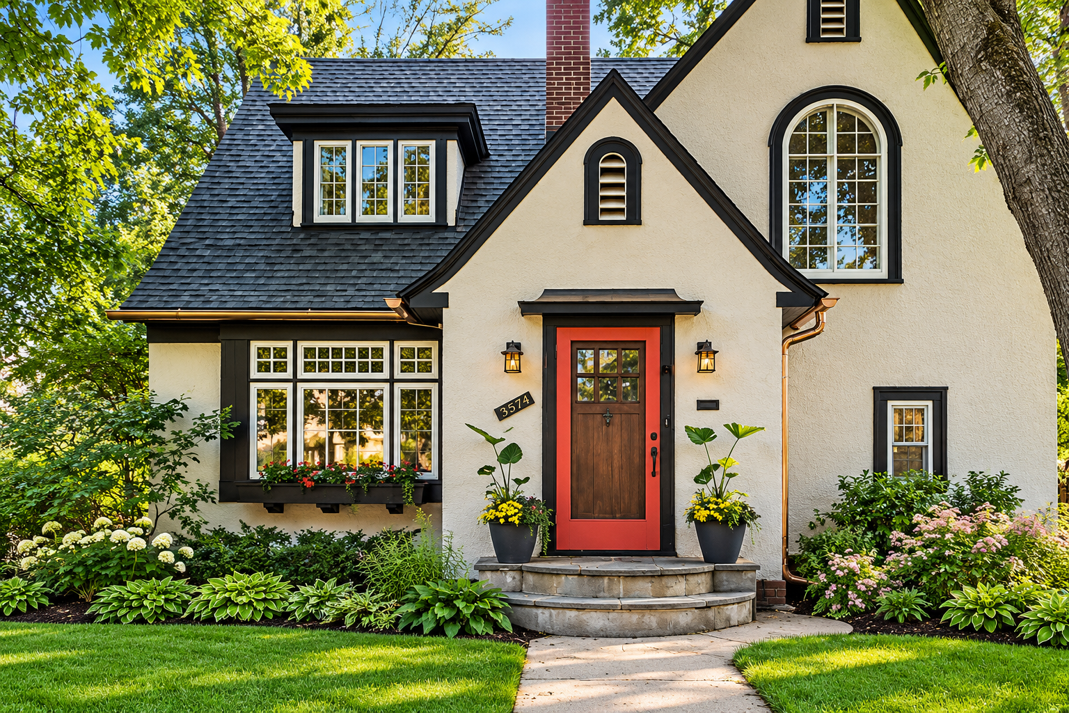 Completed gutter project — charming cottage home exterior