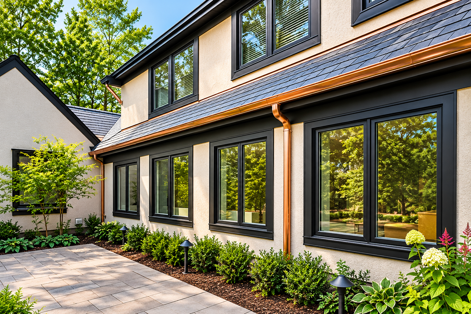 Completed gutter project — copper gutters on modern home