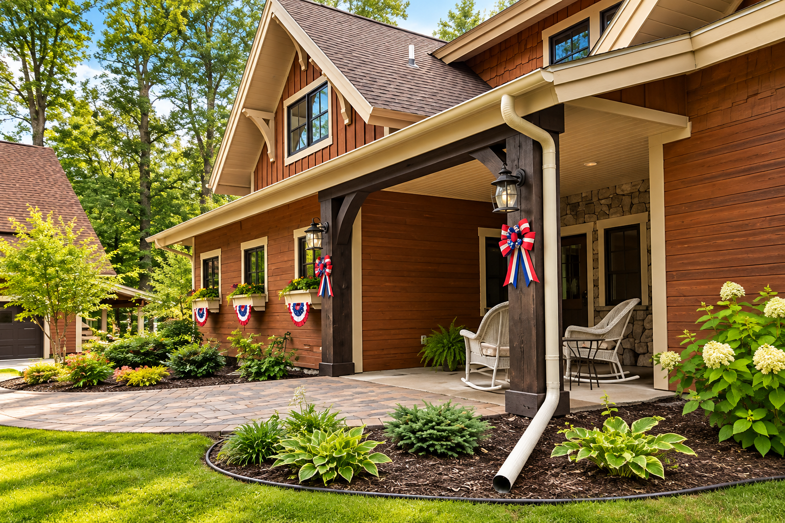 Completed gutter project — craftsman porch and garden