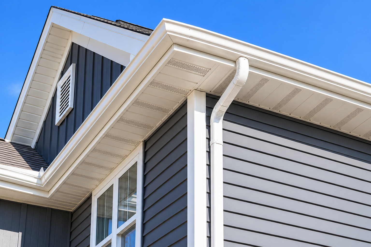 Completed gutter project — modern roofline under blue skies