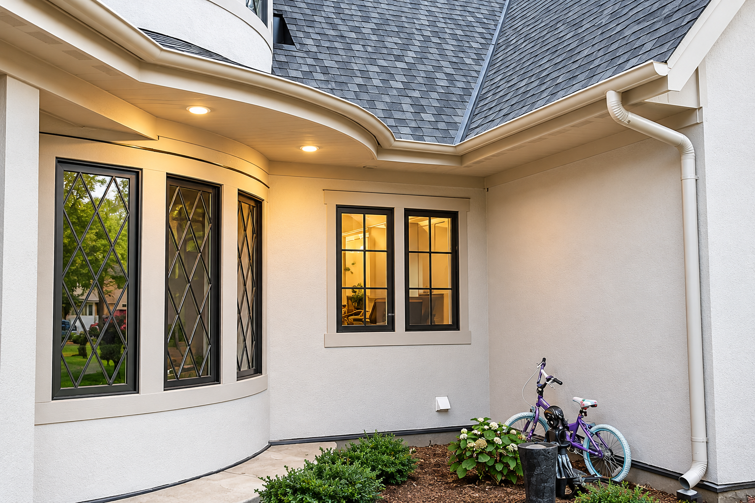 Completed gutter project — warmly lit suburban entryway