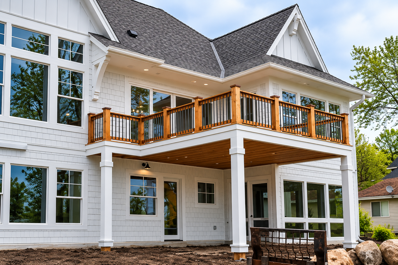 Completed gutter project — modern farmhouse with elevated balcony