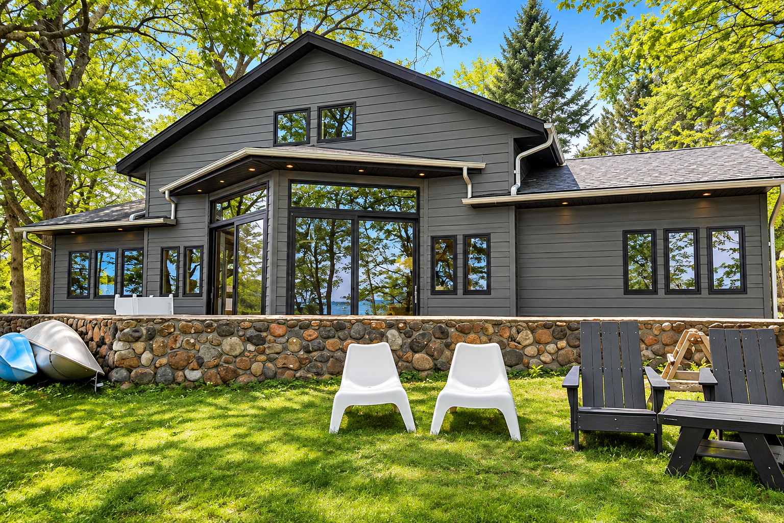 Completed gutter project — modern lakeside cabin retreat