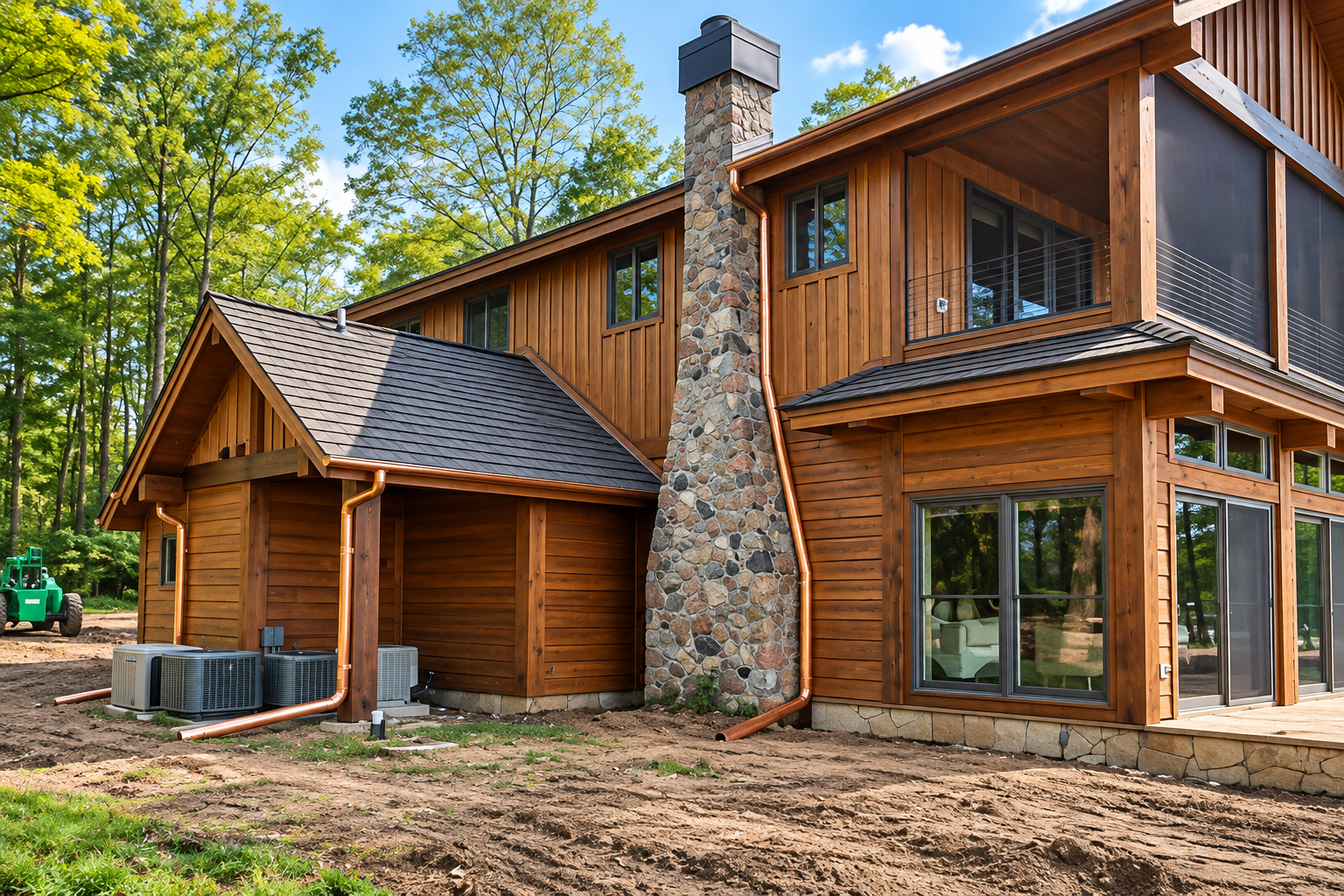 Completed gutter project — modern rustic woodland retreat
