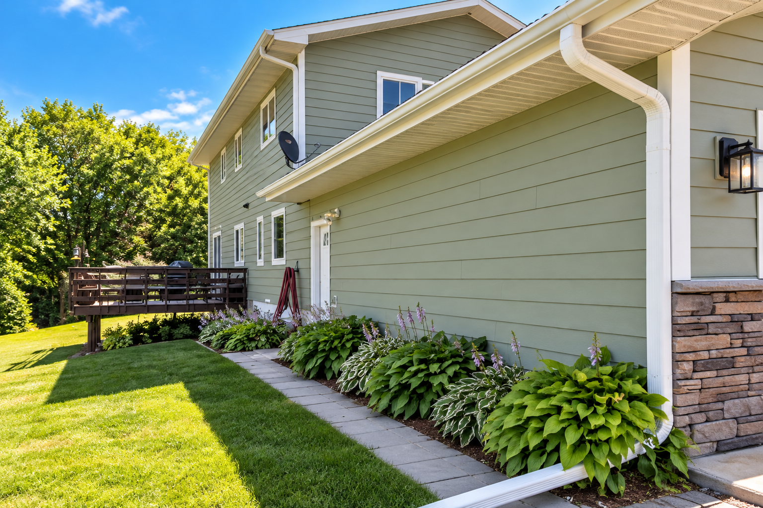 Completed gutter project — sunlit sage siding and hosta garden
